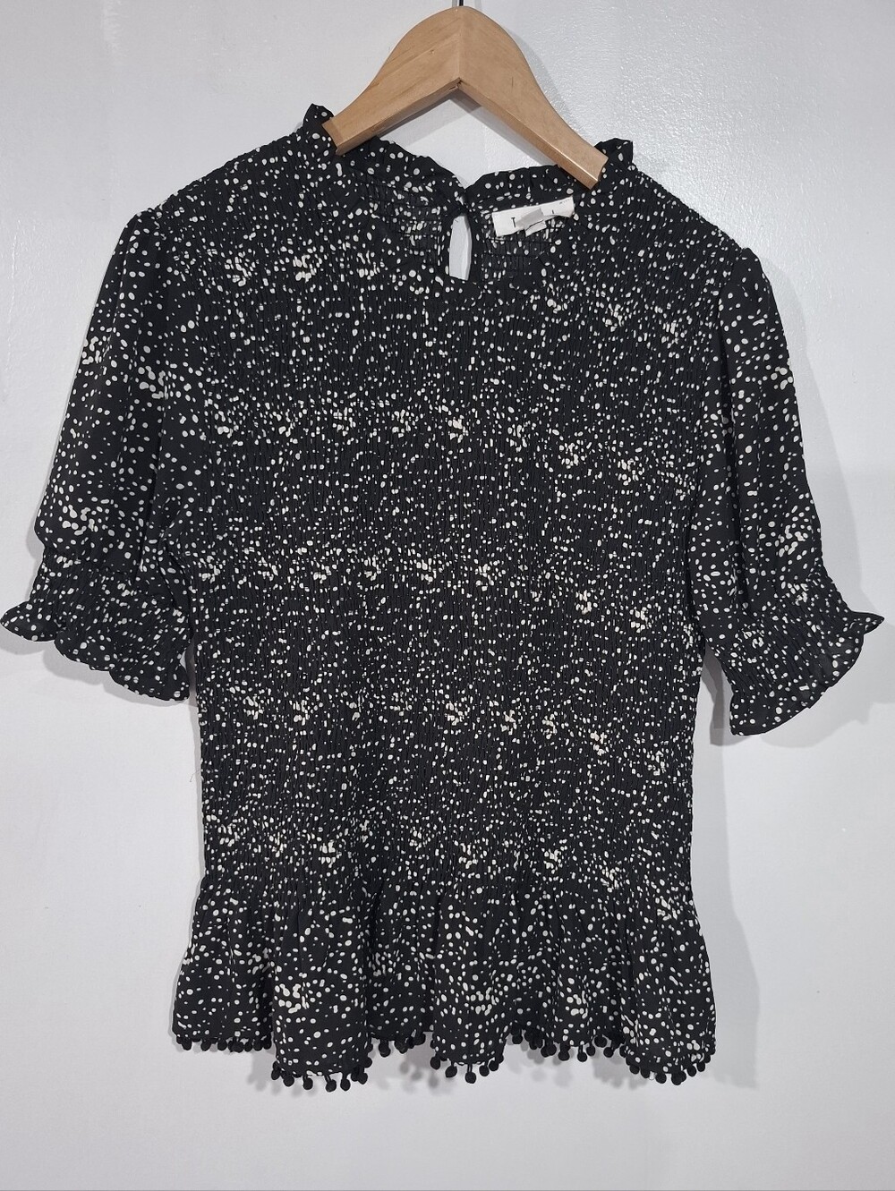 THML Women's Blouse Black and White Dot Smocked Peplum Top Size M